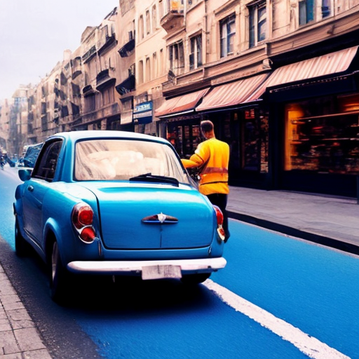 i want a man drawing with blue color high in a centrl road with a car almost to hit him and people doing their shops and making fun of him
