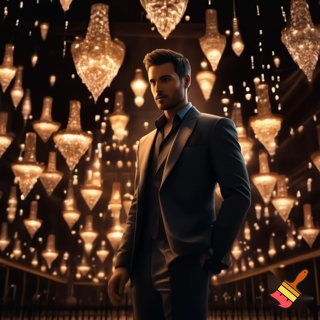 "An image of a handsome, stylish man without a tie, standing in the middle of a large room. Surrounding him are numerous bronze and crystal chandeliers, each shining softly with a warm glow. The chandeliers come in various shapes and sizes, filling the space with an elegant, luxurious atmosphere. The man stands calmly and confidently, looking both modern and sophisticated, amidst the shimmering lights."