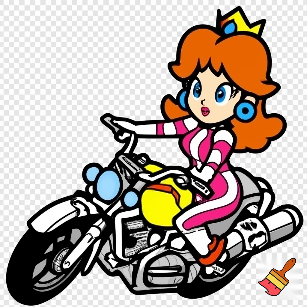 princess daisy riding a motorcycle wearing a racing jump suit in classic line art style with full color