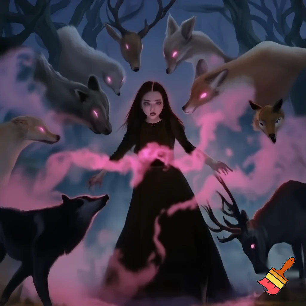 girl with her hands held out in front of her, pink smoke spilling from her hands, surrounded by bowing animals, all with pink glowing eyes, girl is in black long dress