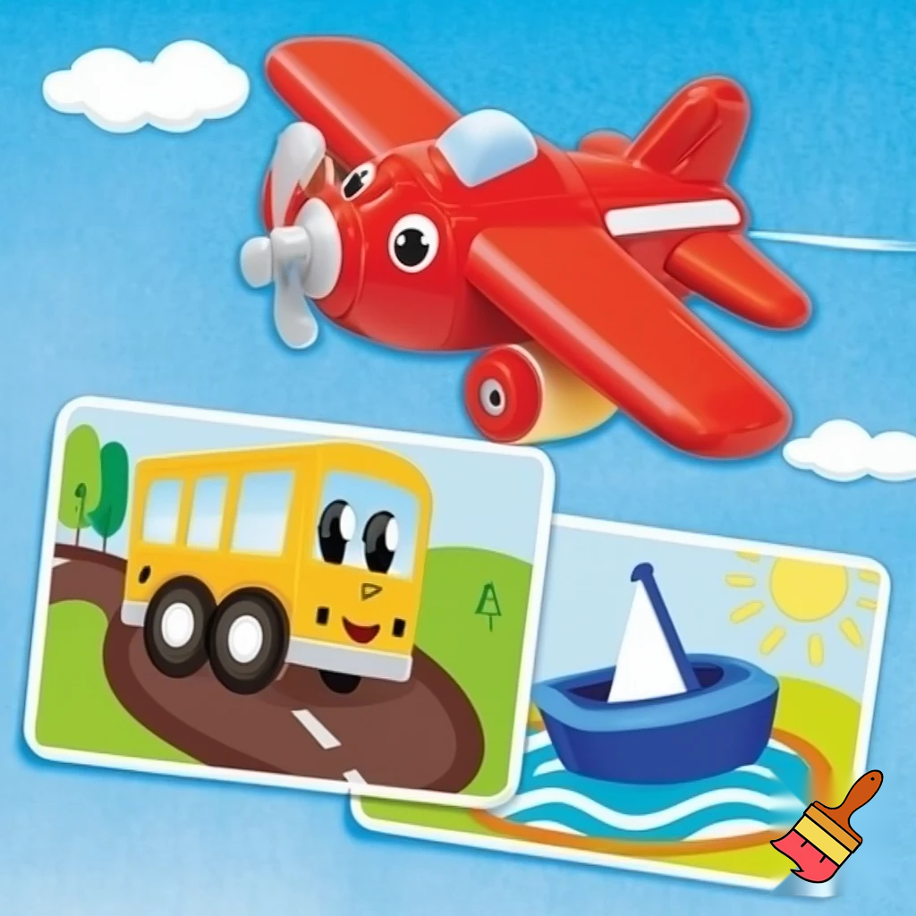 Create 3 different flashcards for senior kindergarten children on the following topics
1 air transport
1 land transport
1 water transport 
Give each transport in a single flashcard

