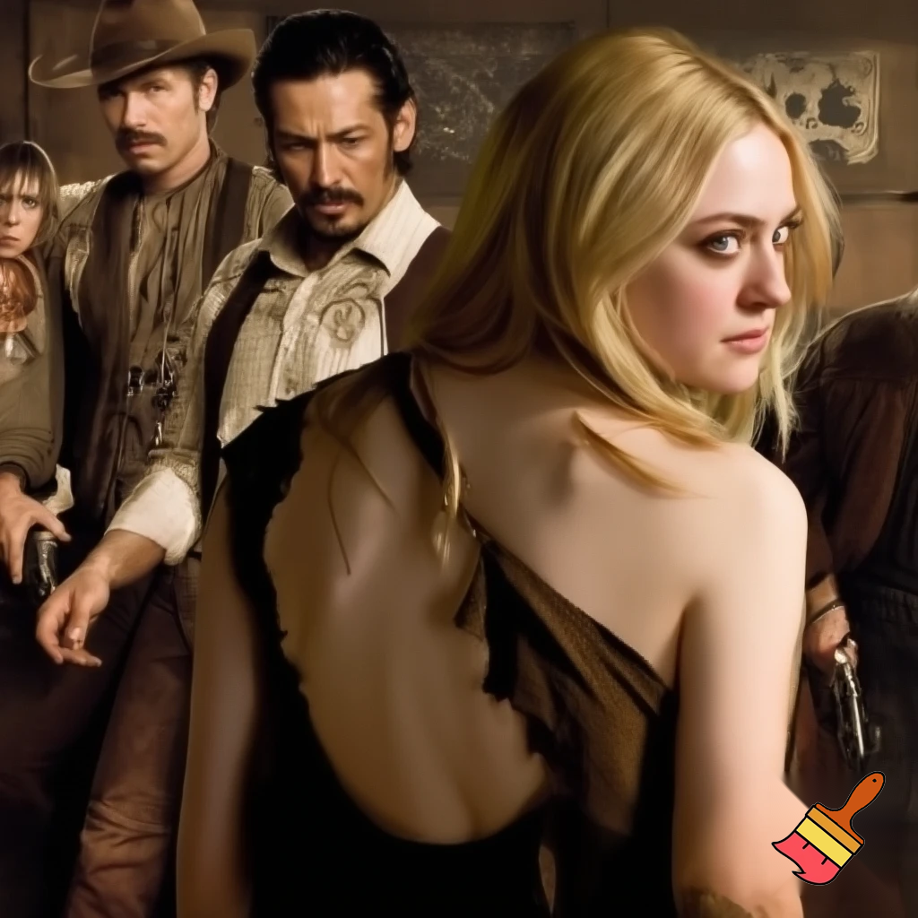 Dakota Fanning, various poses, torn clothes, wild west saloon scene, close up shot, breast exposed, walking looking over her shoulder 