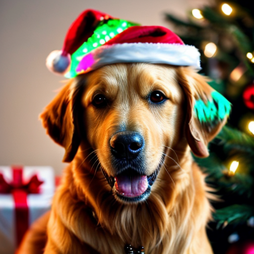 een golden retriever bij de kerstboom met een kerstmuts op