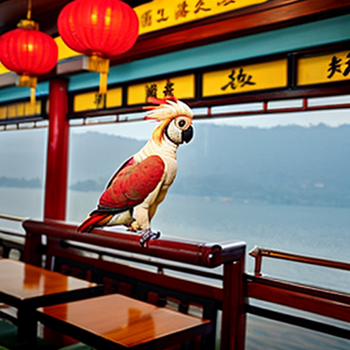 a cockatoo perching on a floating Chinese restaurant