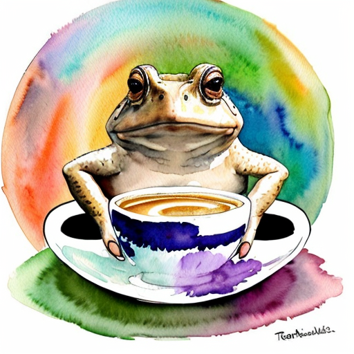 A hillarious, funny boho toad with some hippie colored coffee cups. Psychedelic decorated background. Hard Style.