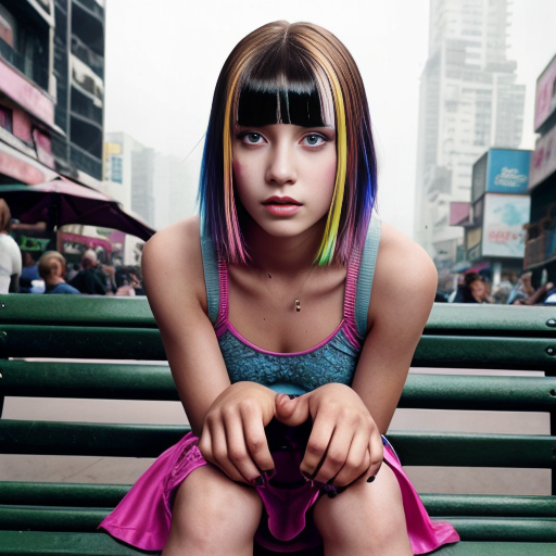 A portrait by pierre et gilles of a rebellious young girl inspired by Blade Runner, in vibrant ProPhoto RGB colors, sitting on a park bench