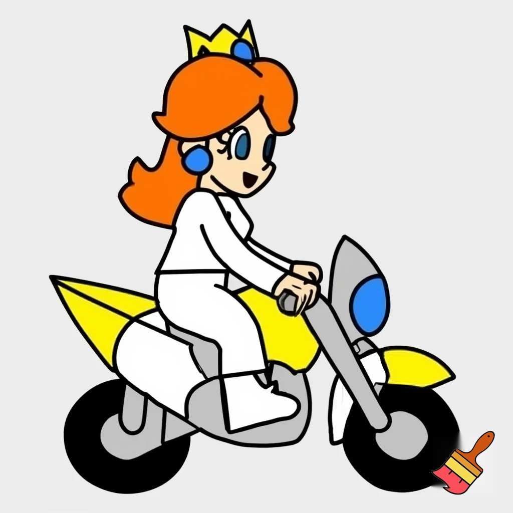 princess daisy riding a motorcycle wearing a racing jump suit in simple line art style with full color
