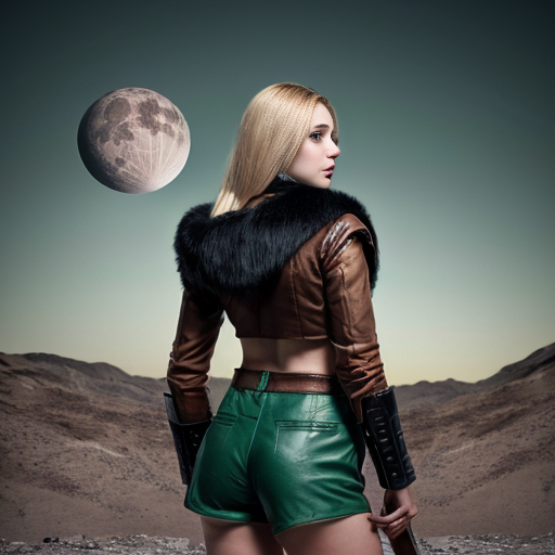 Design a desktop wallpaper (1920x1080 resolution) depicting a female warrior in a desolate landscape with a few crumbling walls, a blue-green sky, and two large moons in the background. The woman has a sword strapped to her back, a gray boudoir, an open-fronted fur cloak, and high-cut leather shorts. She has blonde hair, an Athletic build, she is Caucasian, has green eyes, ultra realistic and photographic style.