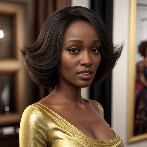 The background is decorated with gold leaf. Half-profile of a beautiful and elegant young Black woman resembling Whitney Houston. Gold chased work, fine knitwear, 3D effect, high décolletage, narrow waist, dress made of silk and taffeta. Embroidery. Style: Emile Mounier, Bugro