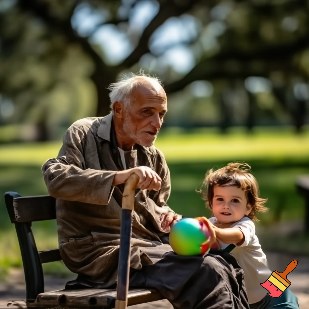 An old man is holding a stick, and a child wants to give him a ball.