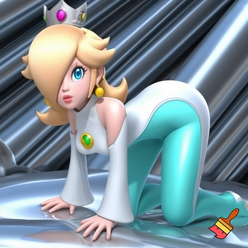 Rosalina from super mario wears a white and light blue tight outfit crawling through silver tubes