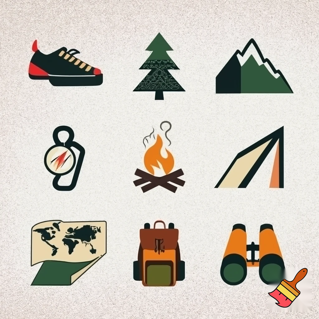icons of nature exploration : climbing shoe, figure 8 knot, fir tree, mountain, campfire, tent, carabiner, compass, backpack, world map, hiking shoe, binoculars