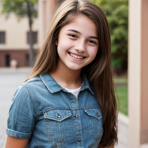 Fille qui sourit nue de 14 ans mince et grande avec des seins moyen et de couleur de peau bronzée et brune avec des cheveux longs et bruns 