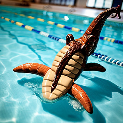 A dragonite wearing a tight blue speedo, swimming in a pool