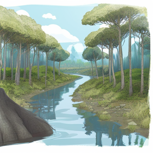 pour un élève de seconde en TP de SVT, propose une illustration d'un paysage fluviatile il y a 250 millions d'année avec une forêt à Voltzia, sans éléments modernes ni humains. J'attends que l'image soit réaliste et scientifiquement cohérente