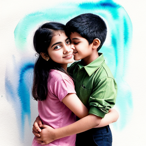 n Indian boy holding an Indian girl with his hands. 
The girl gently kisses the boy’s forehead. 
They both look like 21-year-old college students. 
The boy wears a light green shirt and black pants. 
The girl wears black pants, a sky blue top, and a black coat with shortand button closed . 
The girl’s skin tone is slightly darker than the boy’s. 
Background: a room with a plain white wall. 
The girl’s hair is tied neatly, like in a uniform style. 
Style: soft watercolor painting. 
Aura glow: pastel aura (pink + blue mix)