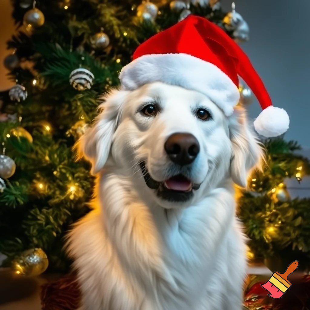 een witte golden retriever met een rode kerstmuts en een kerstboom