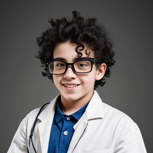 a teenager mad scientist boy with black curly hair