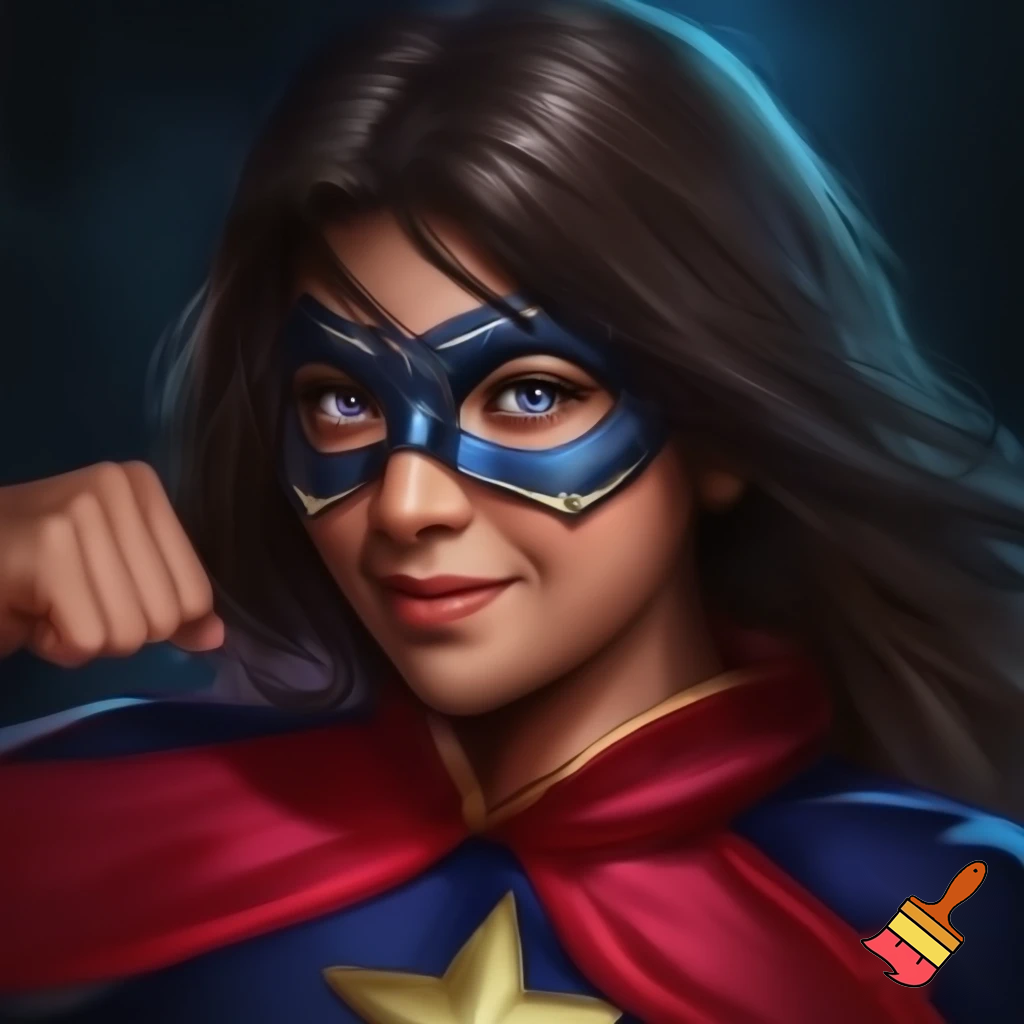Kate Bishop black hair Blue Eyes white skin marrying ms marvel Kamala khan brown skin dark brown hair dark eyes blue mask red blue outfit 