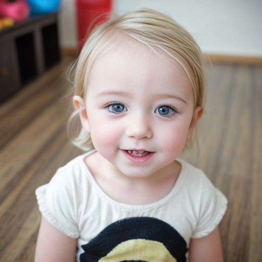 make me a photo of a 3 year old with bule eyes and blonde hair