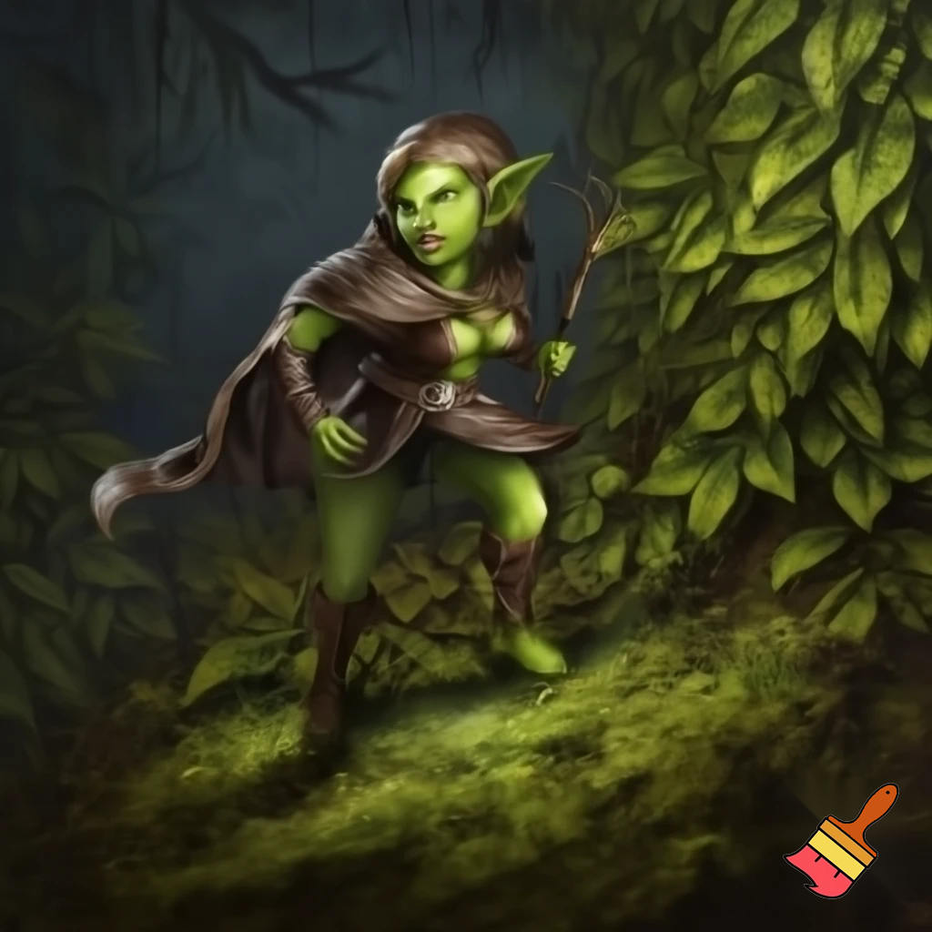 ambientazione fantasy, una ranger goblin femmina si aggira cauta tra le piante di un bosco misterioso con lo stile di Larry Elmore.