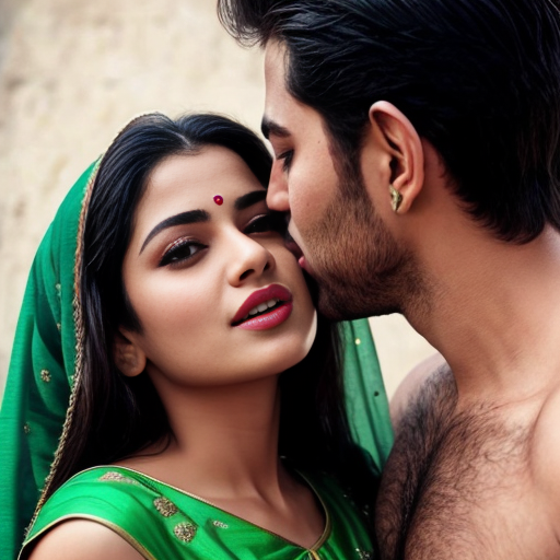 A girl wear green salwar kamiz with adult boy without shirt kissing 