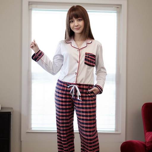 a anime girl with red plaid red pajama pants and white shirt standing up



