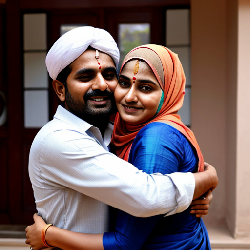 A Hindu Brahmin women in saree with slim muslim man wearing muslim cap Happy tight hug 