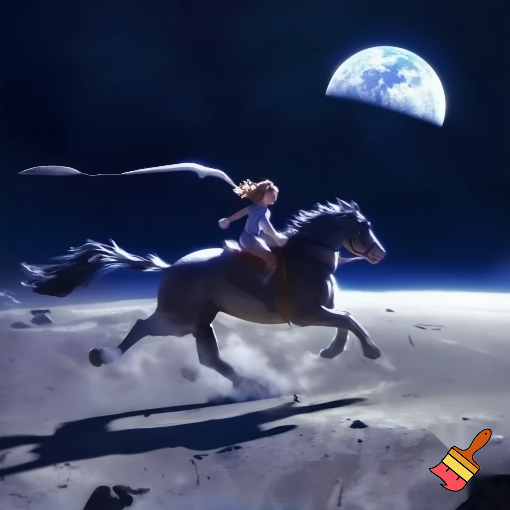 a horse and girl galloping on the moon bareback

