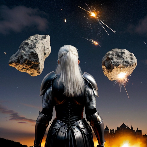 young white-haired woman in armor watches as meteorites fall on her castle