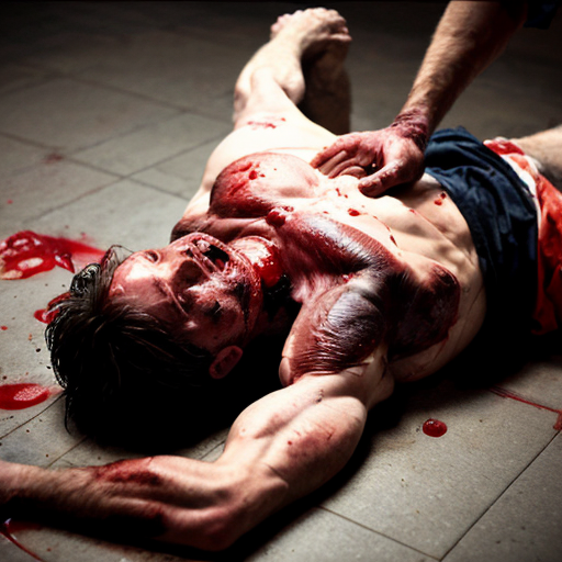 A gangster lifeless man body on floor, shirt pull into shirtless, opened wounded making exposed ribs and gore on center chest, blood bleeding mouth, both eyes closed.