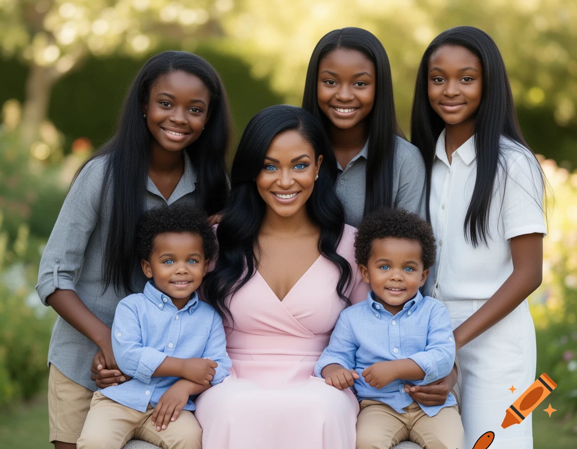 create a family photo with a 26 year old mother and 2 year old boy triplets with black hair and blue eyes and then 16 year old triplet girls with black long hair and make all of them with black hair
