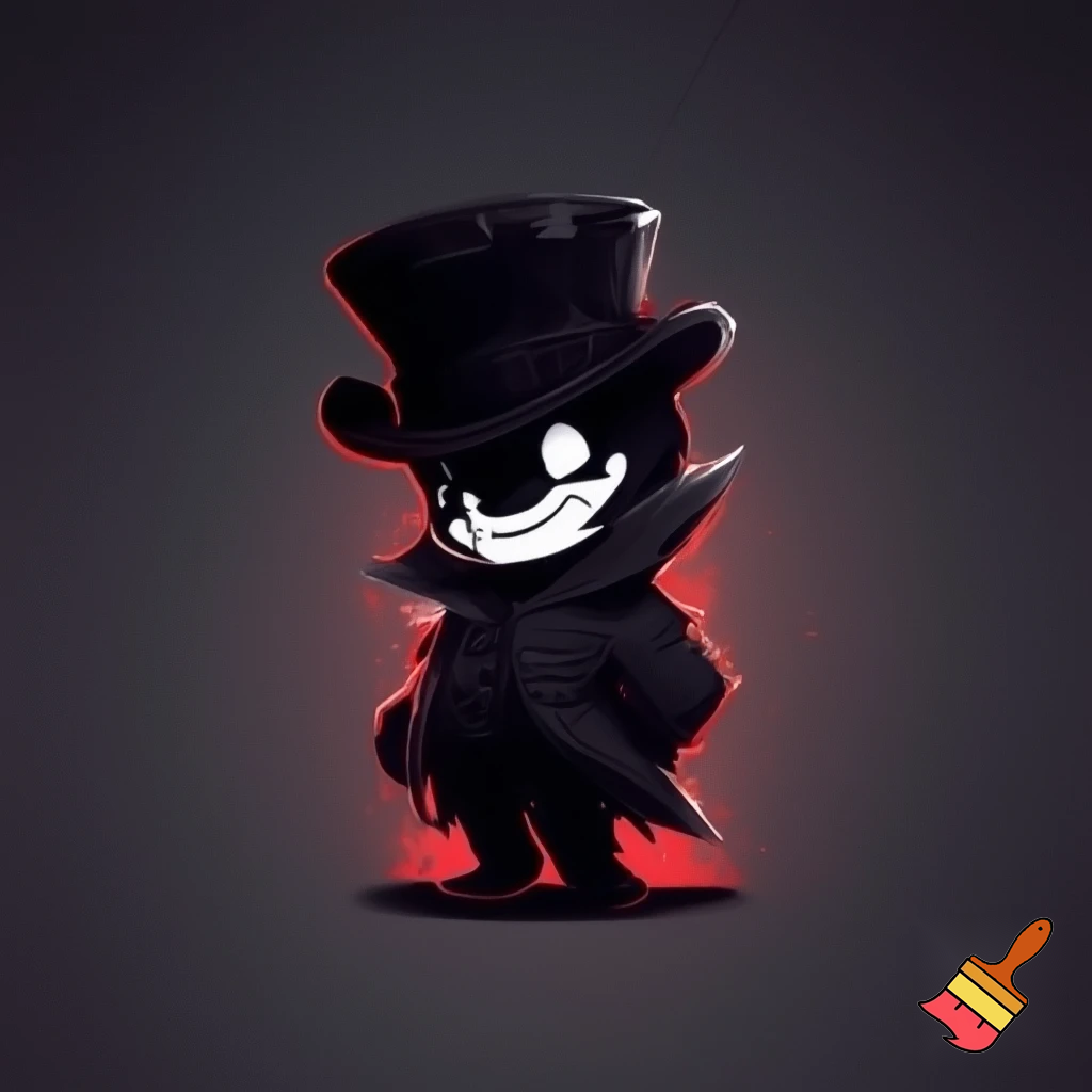horror mascot icon of a mysterious shadow-like gentleman.
A dark humanoid figure made of living shadows, emitting subtle glowing red particles.
He wears a short black top hat and an elegant dark coat.
His face is covered by a white theatrical mask showing both a laughing and crying expression at the same time, with fully white, painted eyes and white tears dripping down.
The character has a small chibi body with a large head, elegant posture, refined and classy appearance.
Dark horror illustration style with sharp, expressive lines, deep blacks and grays, high contrast lighting, and vivid red glowing particles.
Cute but unsettling, elegant yet sinister.
Minimal background, dark vignette, centered composition.
High detail, clean silhouette, perfect for a brand mascot icon.