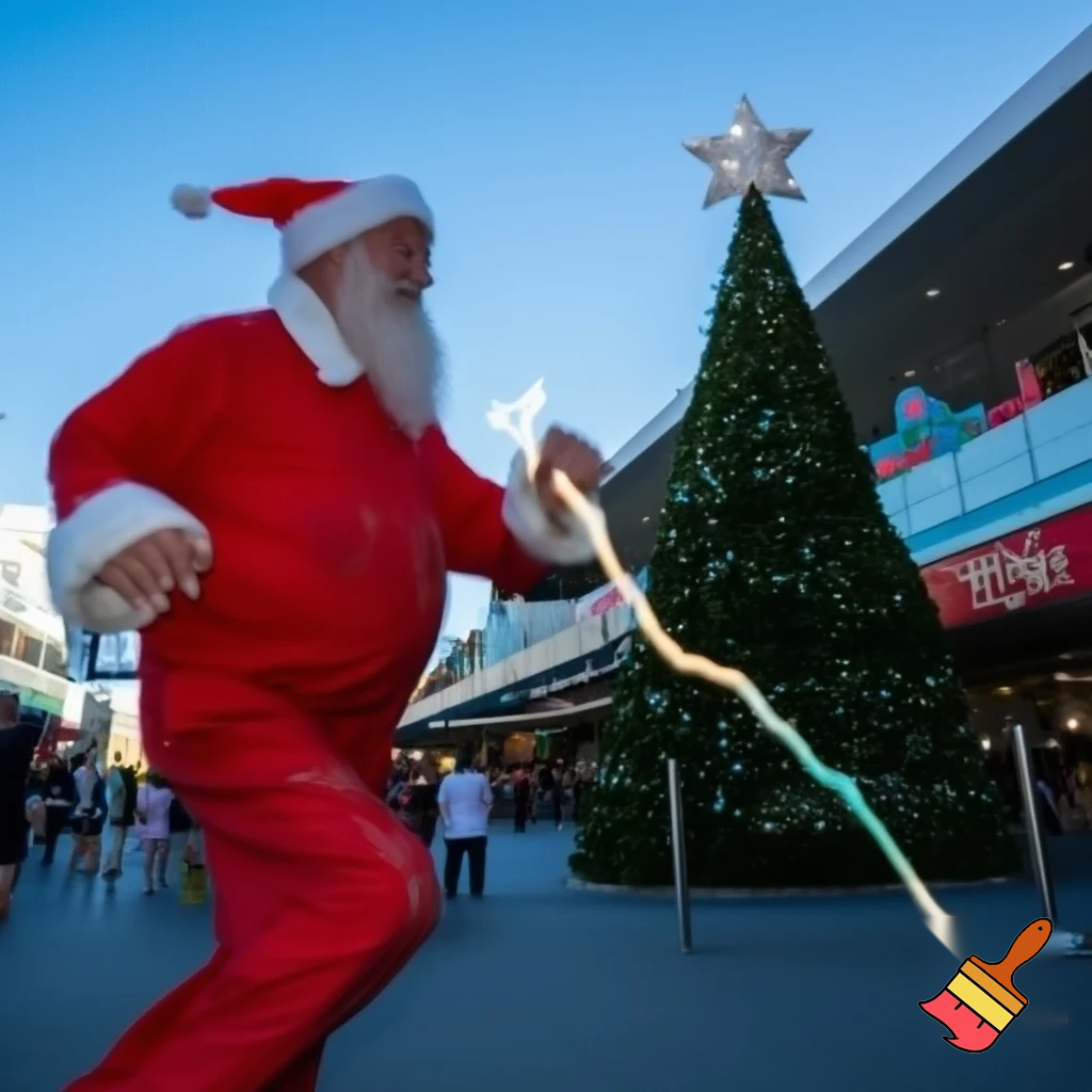 Santa Claus dancing shopping Centre walking Australian magic walking stick walking stick star running outside of the shopping centre on the Christmas tree