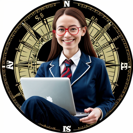 female wizard, laptop, monocle, compass, smiling
