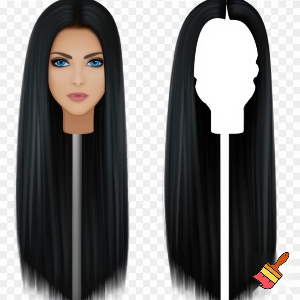 Female long black straight hair , ocean blue eyes, white skin drawing,and less  realistic and drawing with color
