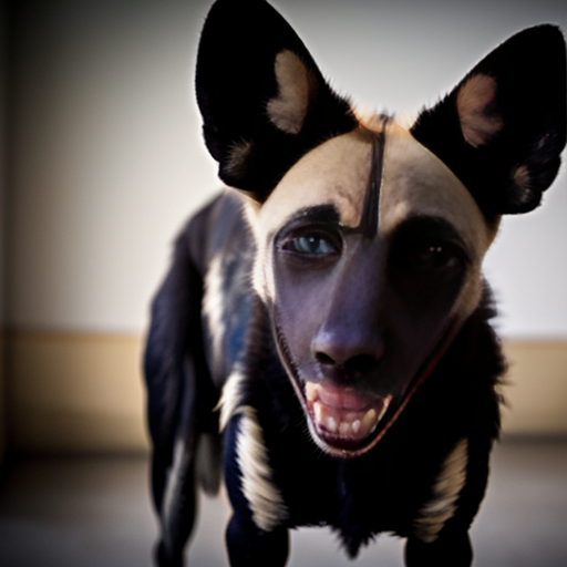 A black wild dog taking a mugshot looking DEADLY, sinister, angry and malicious