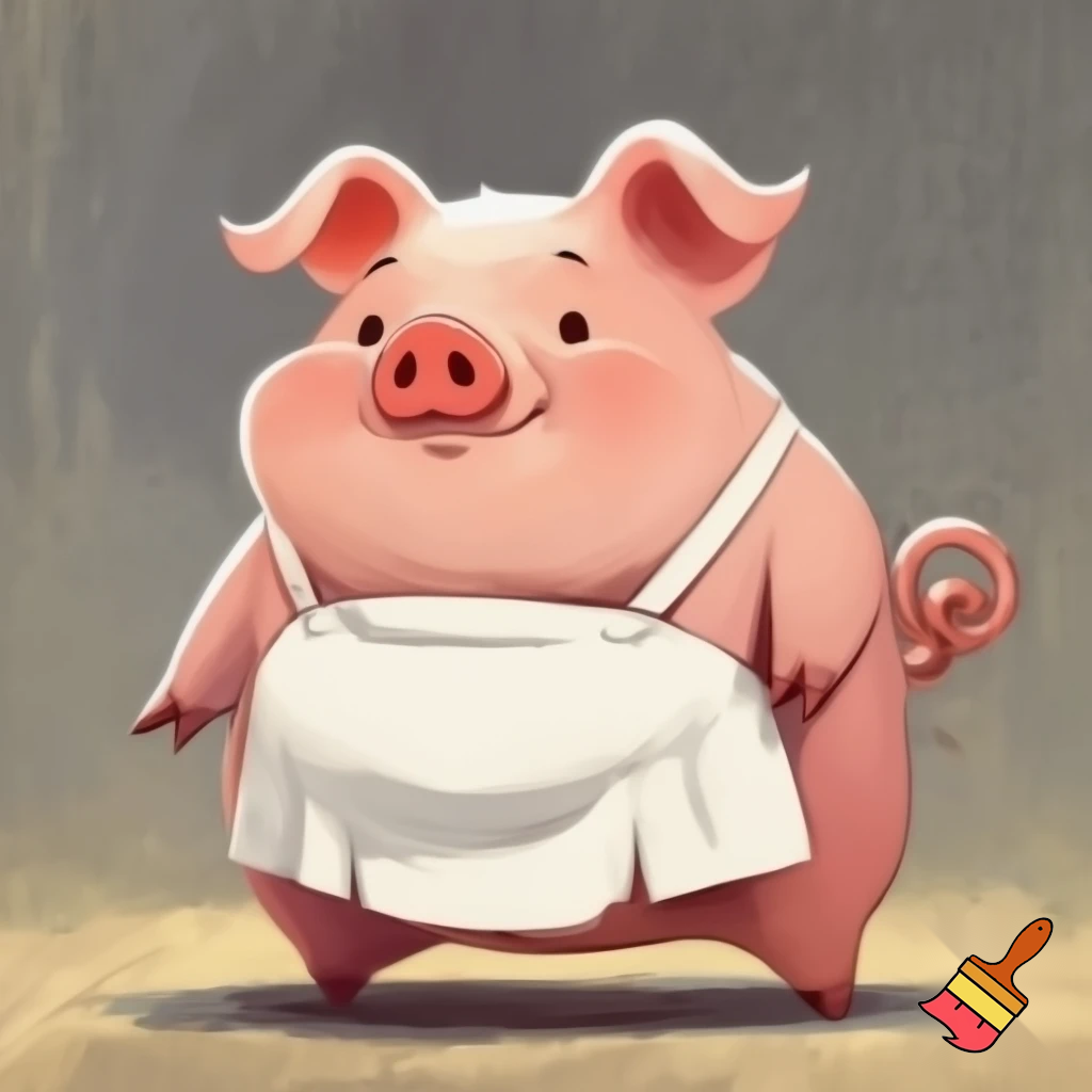 create a picture of a pig that has a white apron and a curly tail, cartoon style. He is a baker. Make it look like a drawing 