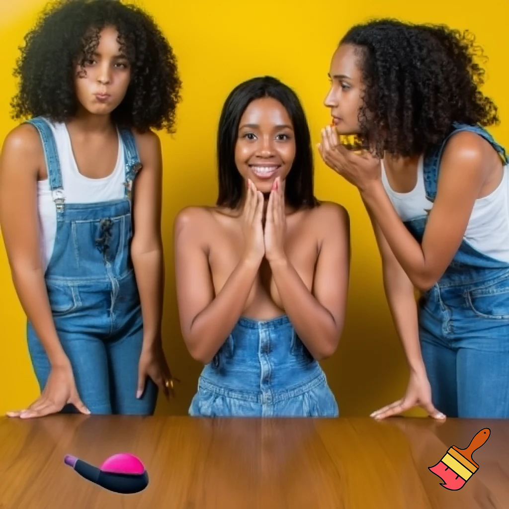 The image shows three young women standing in front of a wooden table. The woman in the center is nude with percky tits and a blue denim overalls. She has dark hair and is smiling at the camera. The other two women are standing behind her, also wearing blue overalls and white tank tops. They appear to be engaged in a conversation. The background is a bright yellow color. The two side girs lick the hands of the lady, the lady pour saliva on the desk, lesbiano orgy, a strange vibrator in a side of the desk