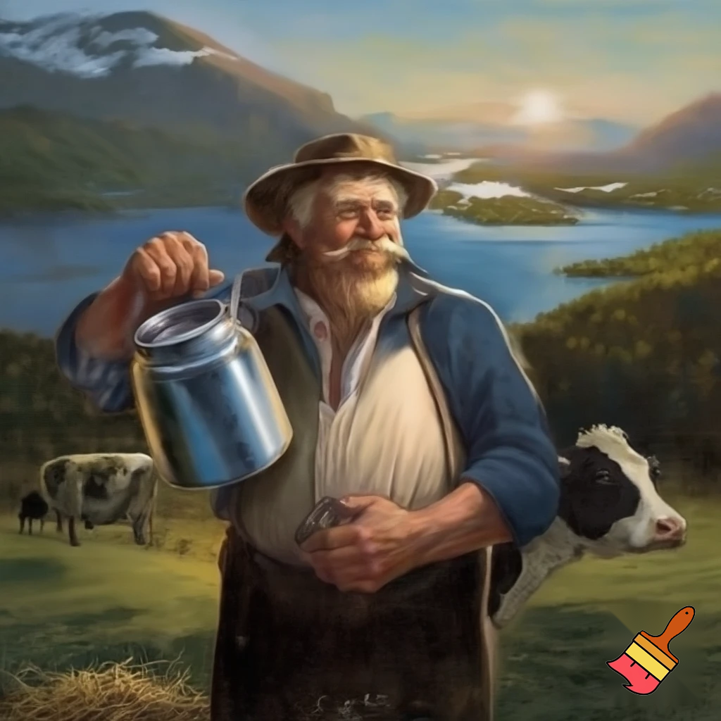 generer et bilde til en reklameplakat, produktet vi skal reklamere for er melkespann laget av vårt firma Nessemaskin. Slagordet vårt er "Litt melk om dagen gjør bra for magen, kjøp vårt melkespann så smiler både mor og mann". Vi vil også få fram at vårt firma er det eneste du kan stole på, spill på nasjonalromantikken og få fram at produktet vårt kan brukes til alt du kan tenke deg, det er bare fantasien som stopper deg. Spill på nasjonalromantikken, ha med kyr, fin norsk natur og en budeie som holder melkespannet
