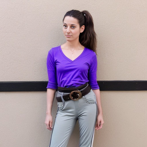 Generate a real life version of Aviva is a slender, young Hispanic woman in her 20s and above average height; she has long and bushy, armpit-length brown hair that she always ties back in a low ponytail, green eyes (with a slight grayish tinge), and tan skin. She usually wears a V-neck purple shirt and a yellow collared jacket with a blue stripe running down both of the sleeves, her pants are blue bell bottoms held by a black slim belt with a grey bolt on it, worn crookedly around her waist, and purple and white low-top sneakers.