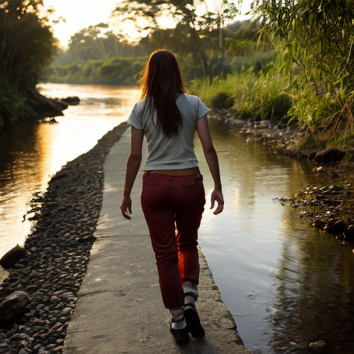 “Teen girl dressing pants in Amazon dawn, teen girl walking beside a river, warm golden light.