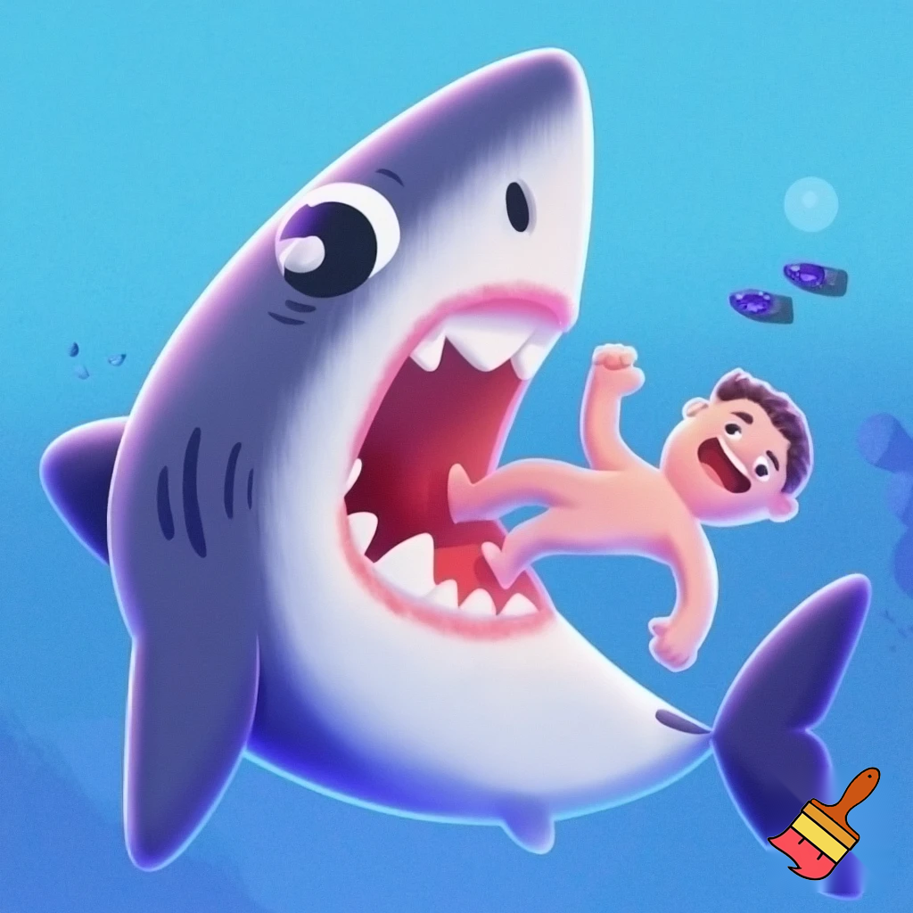 Animated gif of a man being swallowed whole by a shark. Cartoon, very cute.