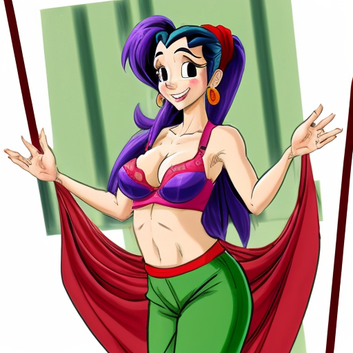 90's disney's 2d aladdin style comic dark black background and panels of 
panel 1 purple haired Ponytail shantae with red harem pants and red bra and red curved slippers with both hand palms place together and hiding the bottom of her mouth with a red veil wrapped around her arms and shoulders. 
panel 2 she danced with red harem pants with red bra and red curved slippers and red veil wrapped around her arms and shoulders and raising legs and bounced up and down her belly and shook her hips left and right. 
panel 3 as Shantae with red harem pants and red bra and curved red slippers spreading her arms, happily revealing her face to the viewer and giving a smile as she turns around shook her butt left and right. Panel 4 as purple haired Ponytail shantae with red harem pants and red bra and red curved slippers started to fading away , except her belly, which is bouncing around. 
Panel 5 then the ball transforms into the fading in belly of green haired Ponytail shantae with light green skin and green harem pants and green bra and green curved slippers and green veil wrapped around her arms and shoulders with her swaying her hips. 
Panel 6 green haired Ponytail shantae with light green skin and purple harem pants and green bra and green curved slippers and green veil wrapped around her arms and shoulders and with her hand palms place together between her chest and she gives a smile and winking her left eye. 
