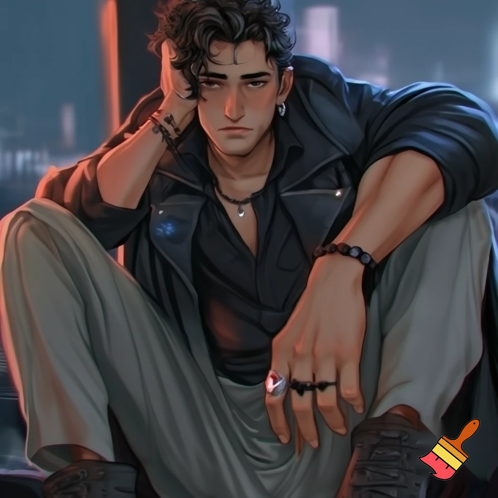 Generate an image of a tall, scrawny man with radiant, polished wood-toned skin. He has curly black coffee hair, styled slightly messy, and sharp, masculine features. His expression is gentle and thoughtful, hinting at inner turmoil.

He wears a black leather windbreaker over a slightly unbuttoned black cotton dress shirt, tailored pleated chinos, and lace-up combat boots. Accessories include silver stud earrings, a silver ring with a red dragon's eye, a black ring with rose gold star shapes, an onyx and lava rock beaded necklace, and a studded bracelet. His shirt sleeves are rolled up, displaying vascular forearms. Set him against an urban backdrop.