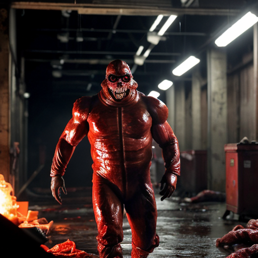 A 9 :16 aspect ratio pic of a cavernous, rusted slaughterhouse bathed in the flickering glow of broken overhead lights, their sparks raining down like dying fireflies. Dominating the scene is Satan himself—not some cartoonish demon, but a towering, twisted colossus of sinew and exposed muscle, his flesh split in jagged seams where extra limbs and eyes bulge grotesquely from his form. His jaw unhinges like a serpent’s, strings of saliva and half-chewed meat dangling as he laughs, the sound vibrating through puddles of gore. Around him, hazmat-suited figures move like panicked insects, their suits slick with viscera, desperately trying to contain something they clearly cannot. The floor is a mosaic of carnage—shattered bones, gnawed torsos, and unrecognizable meat piles, some still twitching. In the shadows, pale figures with too many teeth crouch over fresh kills, their feast lit by the emergency exit sign’s bloody glow. The air is thick with the metallic stench of butchery and the wet, tearing sounds of things still being eaten alive
