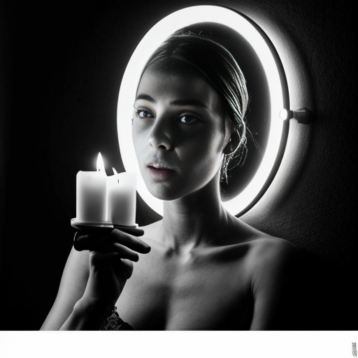 creates an image of a room in complete darkness; on the wall there is a mirror where you can see a woman holding a candle; black and white images in a photographic and hyperrealistic style