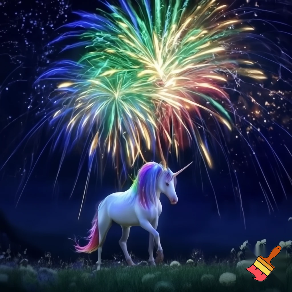 unicorno sotto fuochi d'artificio
