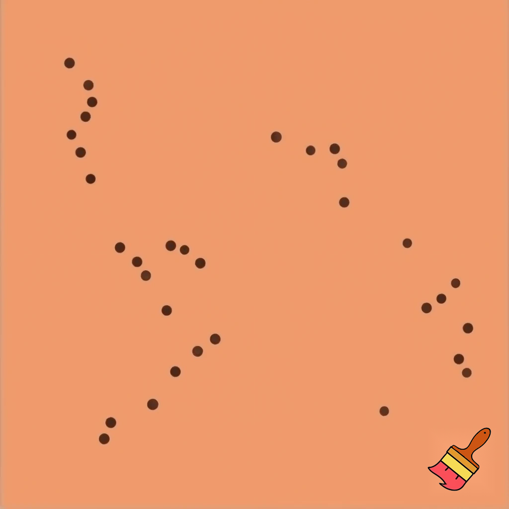 a sketches of  cat silhoutte with marble orange and terracota color backgorund: Small, scattered dotted clusters, Arranged like a constellation map, Irregular placement