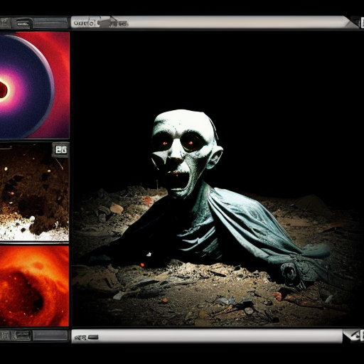 ​A screenshot of a social media feed with two stacked posts, featuring unreadable, distorted text and standard interaction icons. The top post displays two side-by-side images of a distorted, macabre humanoid figure in a tattered gown, covered in tattered cloths, lying on light dirt. The bottom post shows a single image of a messy, desolate space filled with debris and a dark, heavily distorted demon, The entire image must have a low-resolution, weirdcore, "cursed image" style with early AI generation artifacts.
